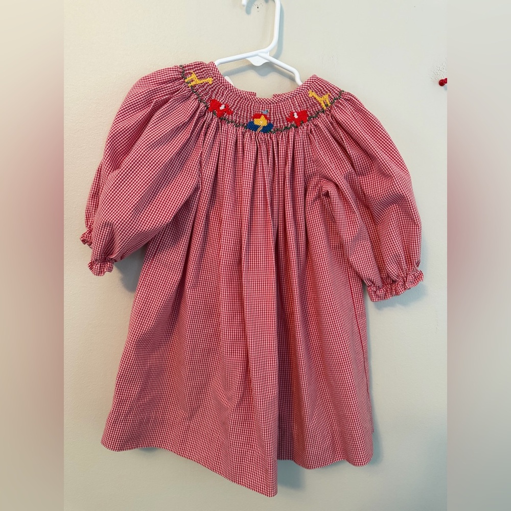 Vive La Fete Red Gingham Smocked Zoo Animal Dress